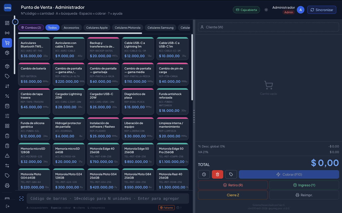 Captura real del punto de venta de Systeg, con catálogo de productos, carrito y cobro con QR